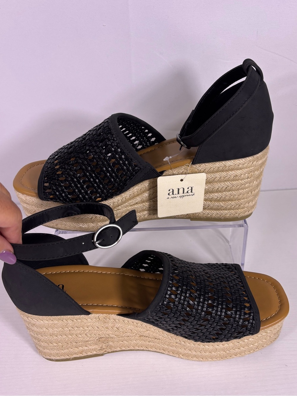 NWT a.n.a Lisa Espadrille Wedge Sandals Black Woven Ankle Strap Size 11